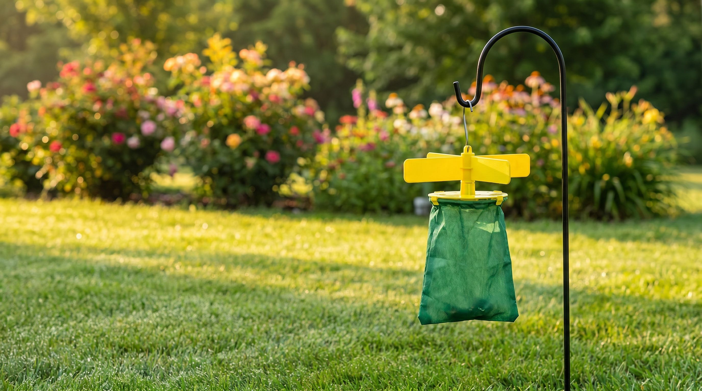 A Japanese beetle trap hanging from a shepherd hook in a far corner of a backyard, positioned away from flower beds