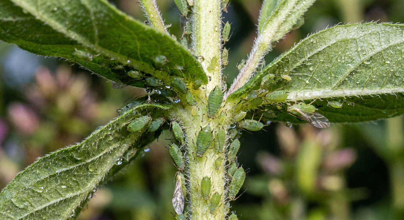 A close-up photograph of green aphids clustered on a garden phlox stem and the underside of nearby leaves