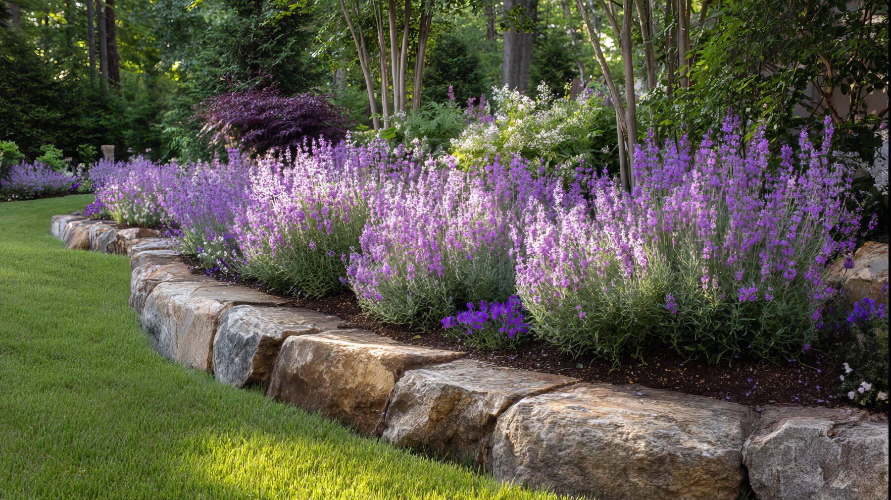 A close view of a perennial border edge where low-growing plants form a soft, continuous line along a stone path, with taller flowering perennials rising behind them