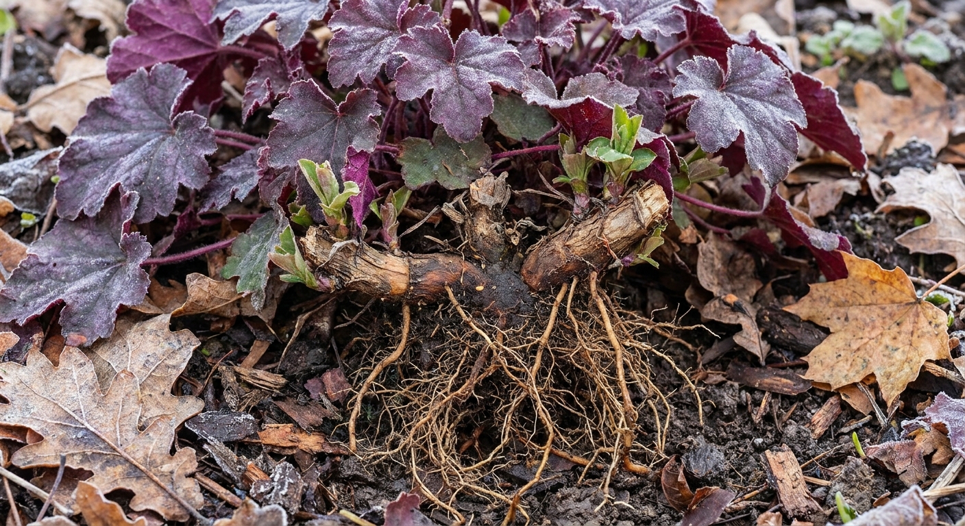 A coral bells plant with part of its crown lifted above the soil in early spring, showing exposed roots and leaf mulch nearby
