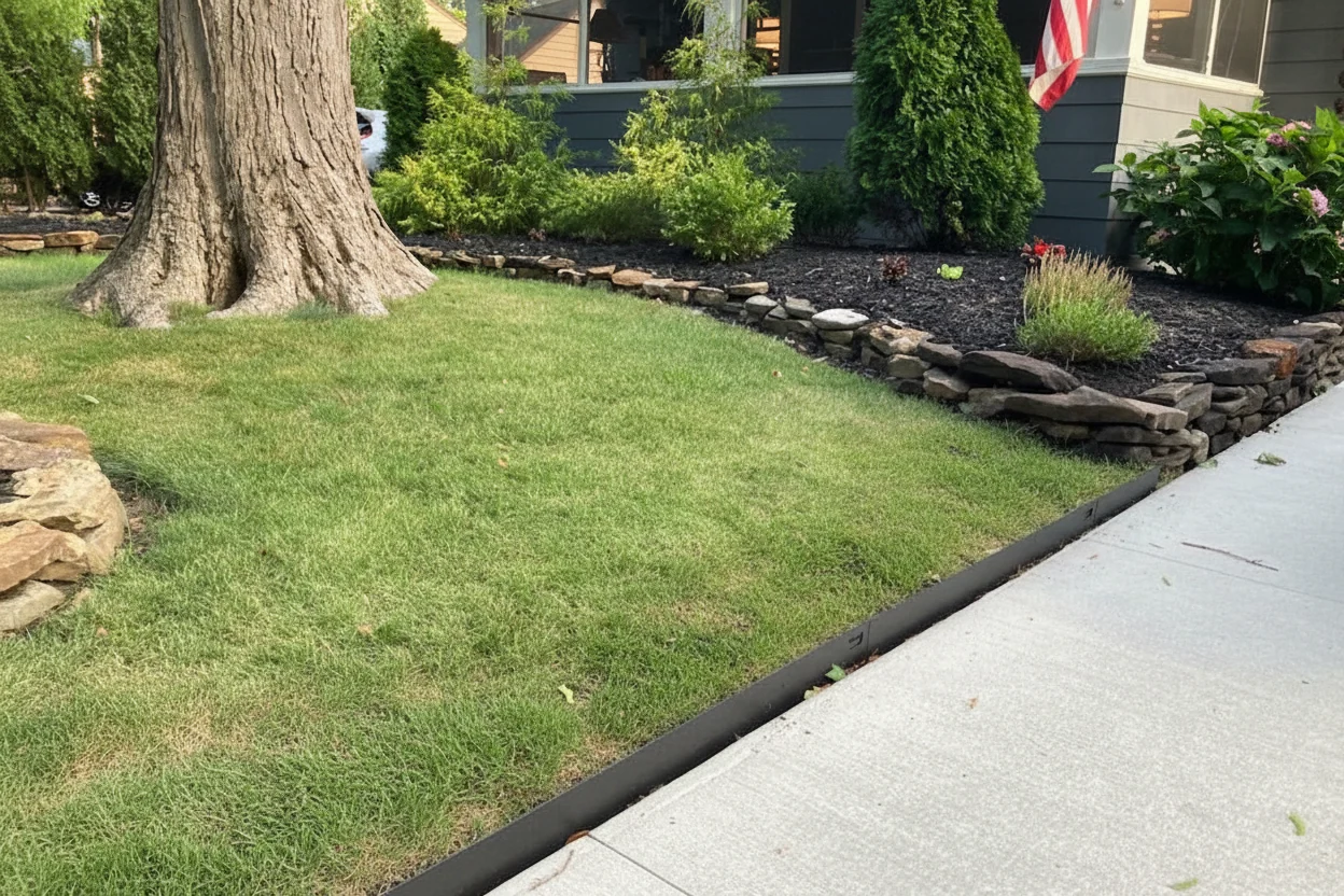 A curved island bed edge with dark steel landscape edging separating mulch from grass, with perennials planted just inside the border