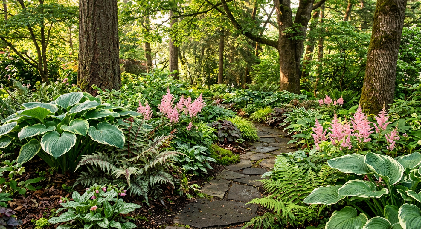 A deep shade perennial bed under dense tree canopy featuring bold hostas, feathery ferns, and fine sedges arranged in distinct drifts on dark mulch