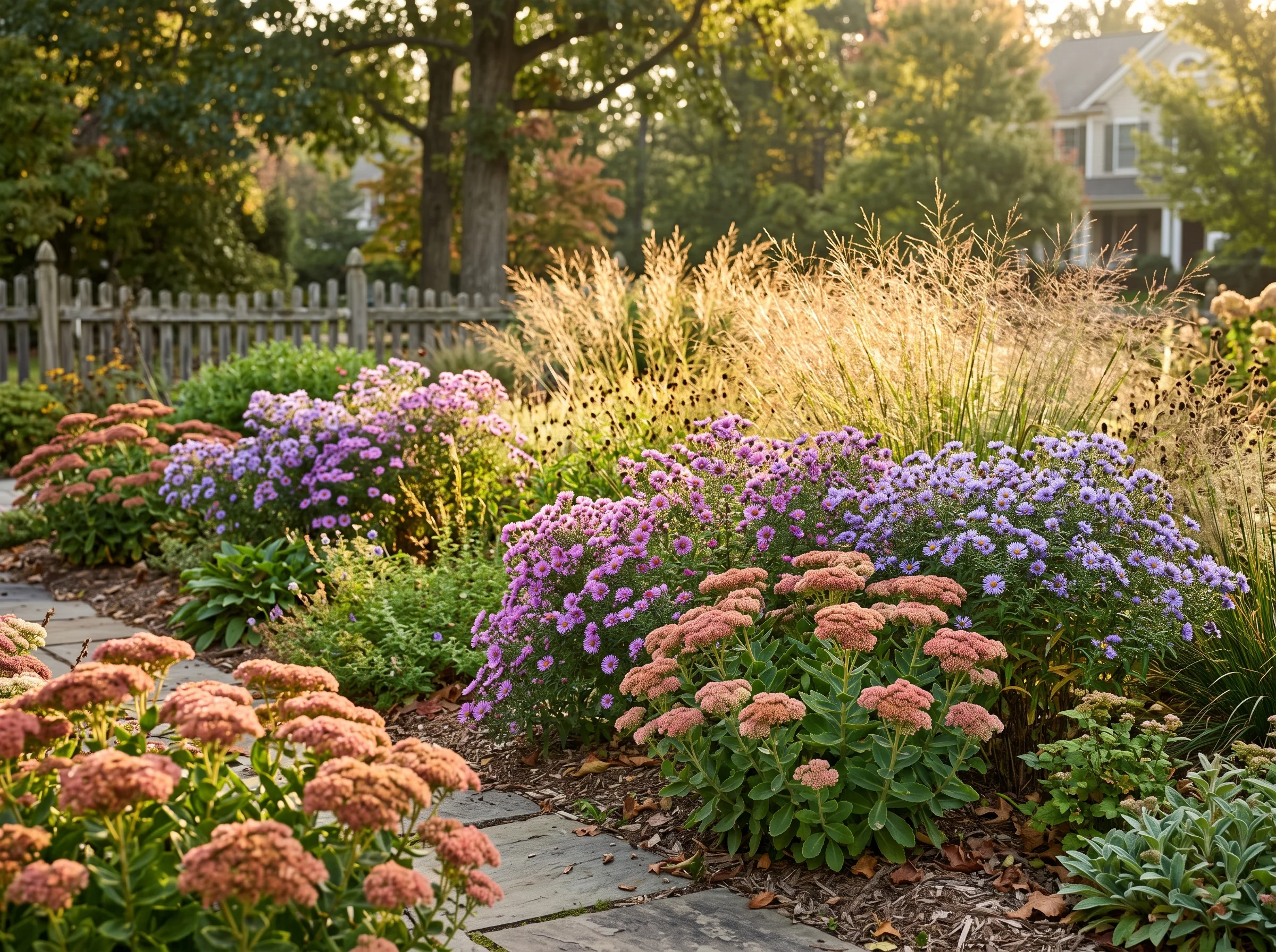 A fall perennial border with purple asters and pink sedum blooms mixed with fading summer flowers and ornamental grass seedheads