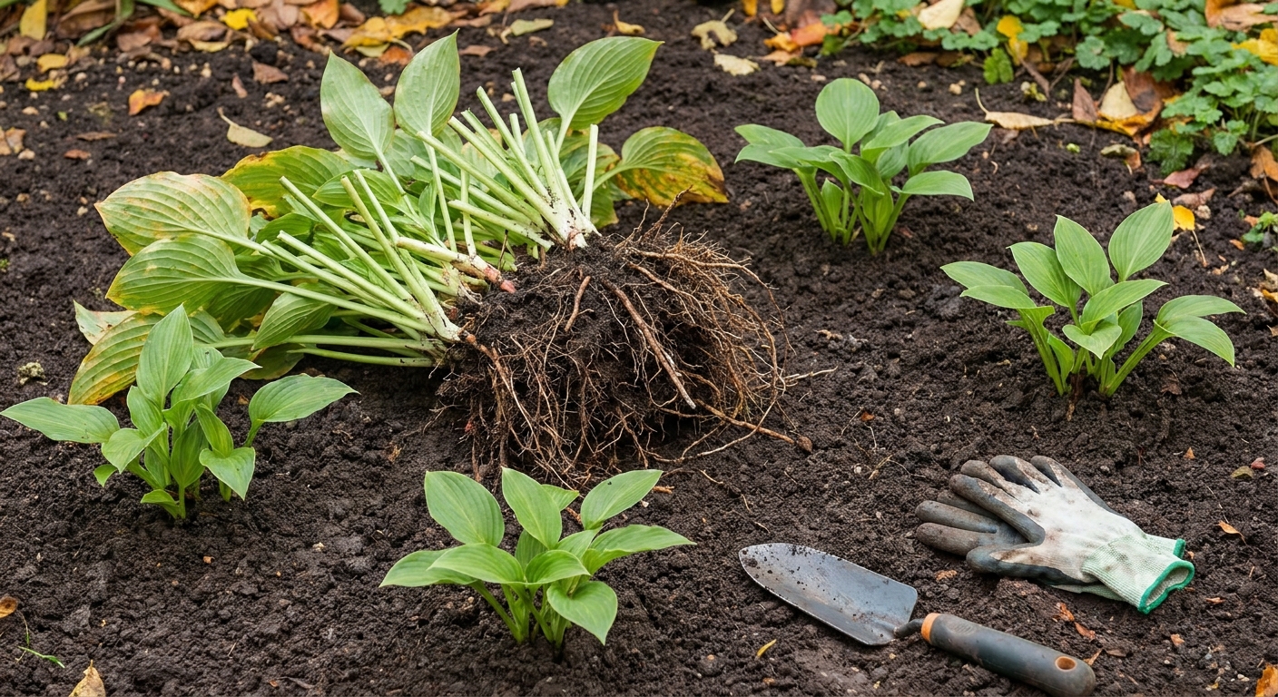 A freshly divided hosta clump in a garden bed, with several smaller sections replanted in dark, moist soil