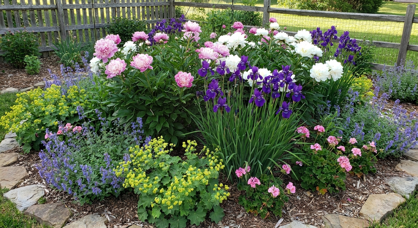 A garden bed with peonies and Siberian iris forming sturdy clumps, with smaller flowering perennials filling in around them