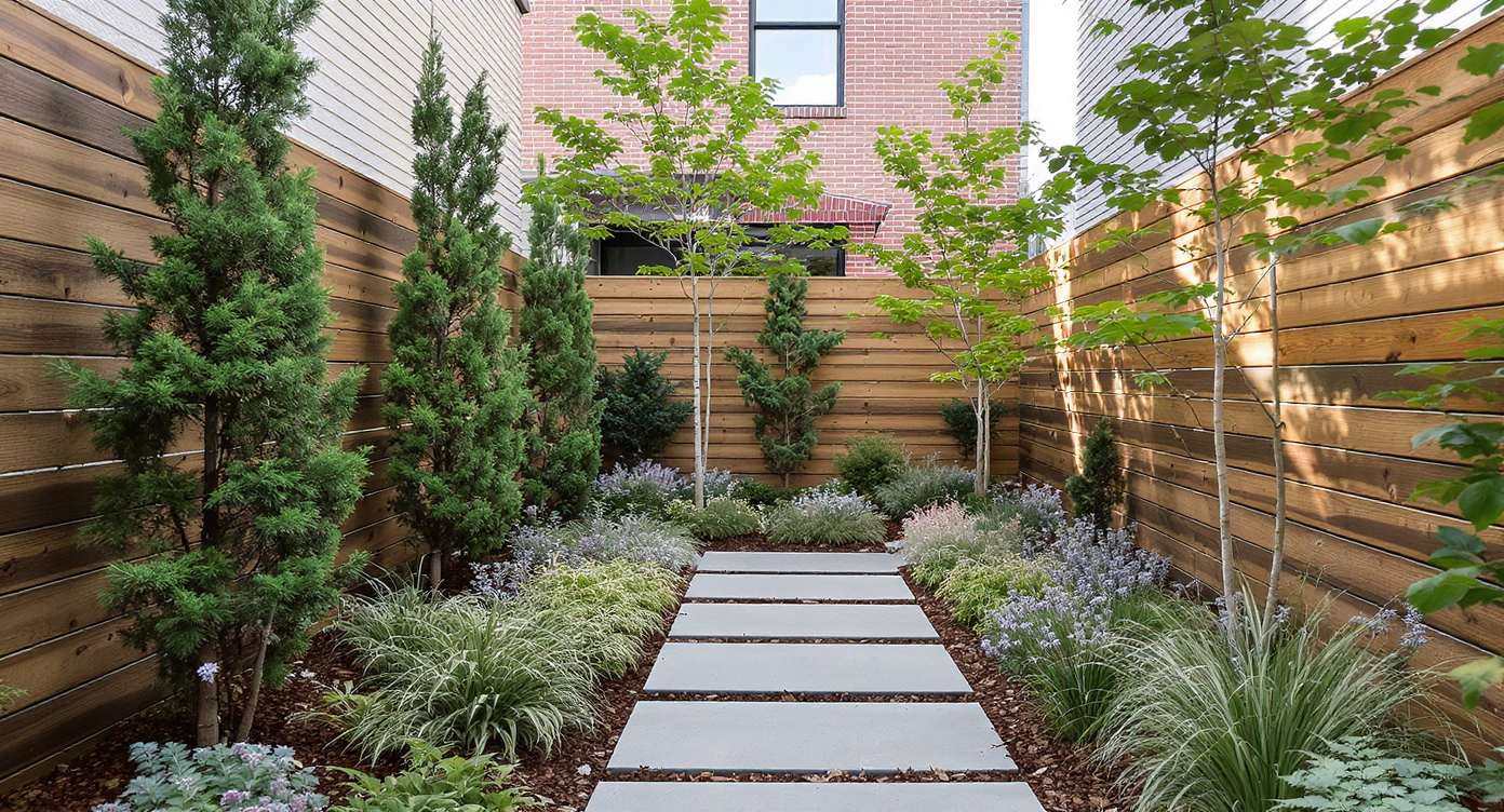 A garden walkway with a narrow perennial border on one side, showing a clear plant-free buffer next to the path and layered perennials behind it