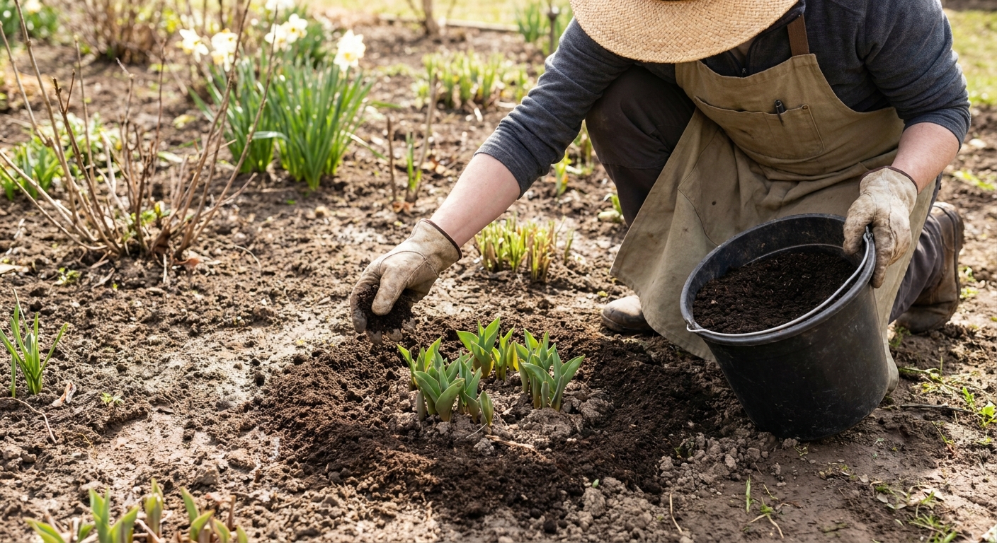 A gardener sprinkling dark finished compost in a neat ring around emerging perennial shoots in early spring