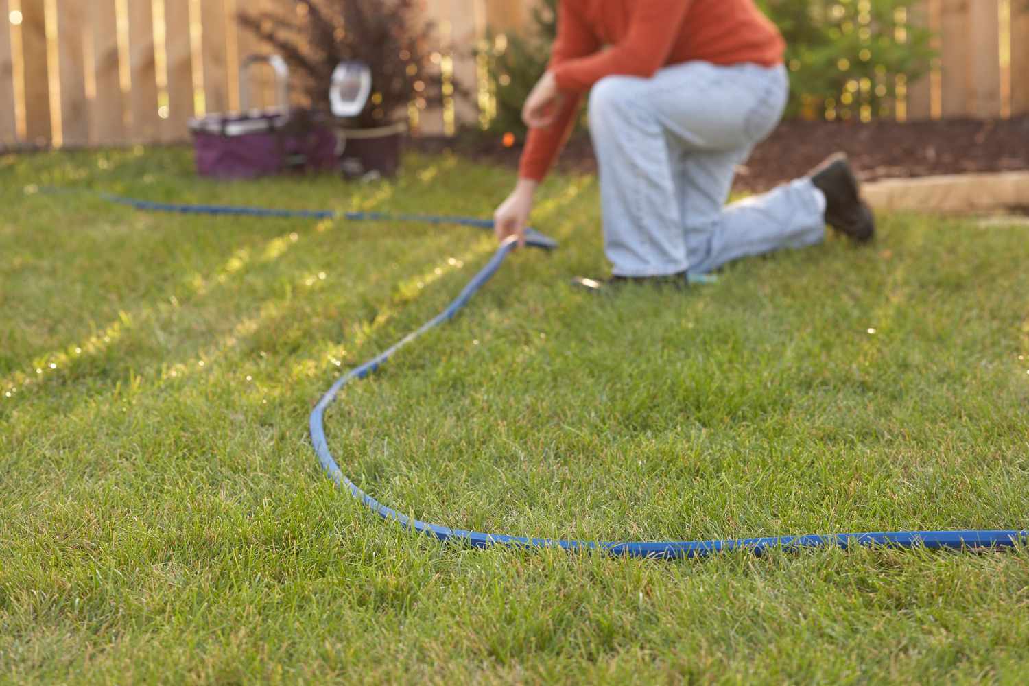 A gardener using a garden hose to outline a kidney-shaped island bed on a lawn before cutting the sod
