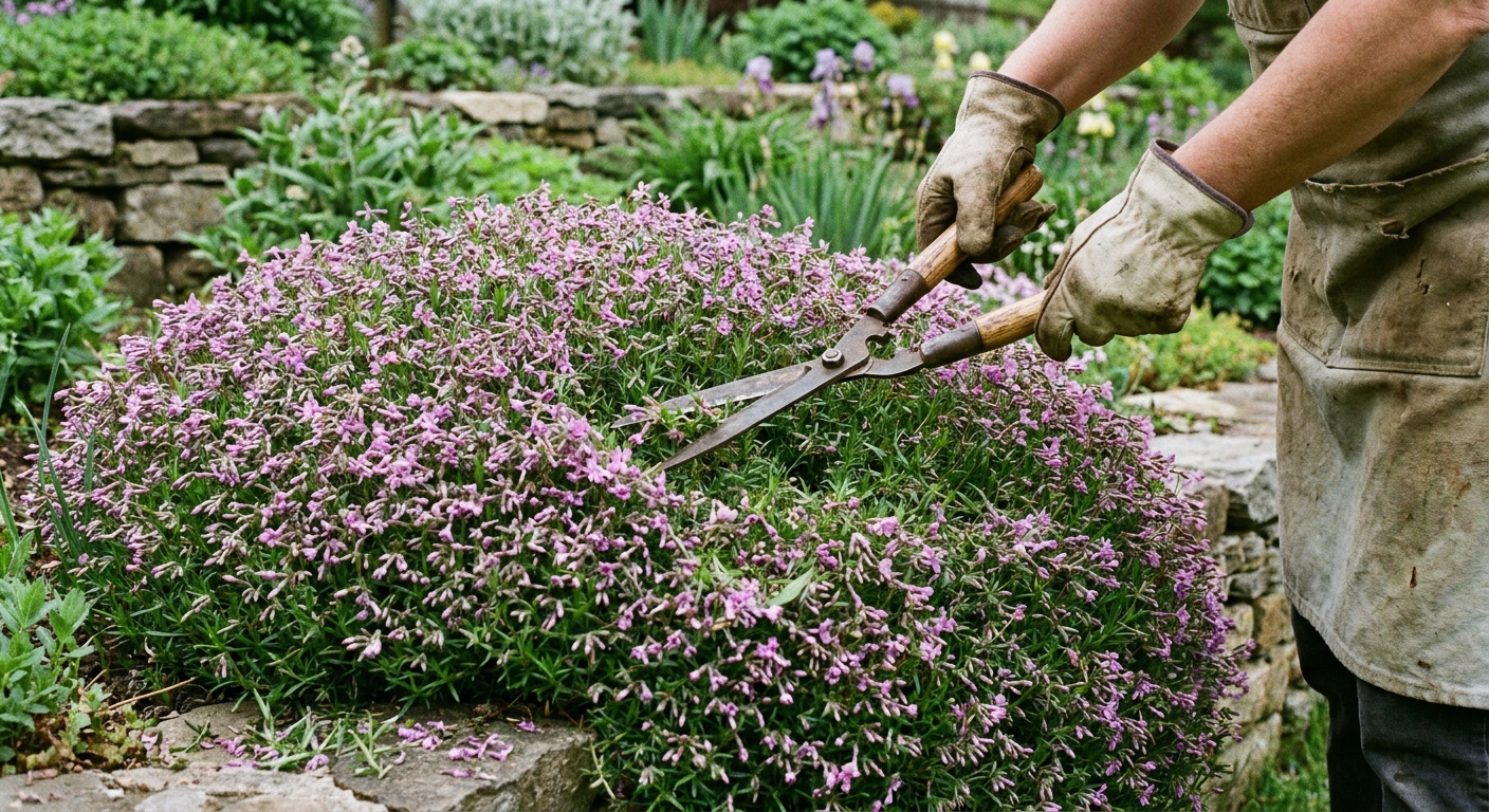 A gardener using hand shears to lightly trim a mound of creeping phlox right after spring bloom, with cut flower tips visible on the foliage