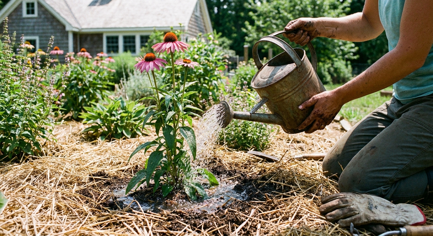 A gardener watering a newly transplanted perennial at soil level with a watering can, soaking the root zone in a mulched flower bed