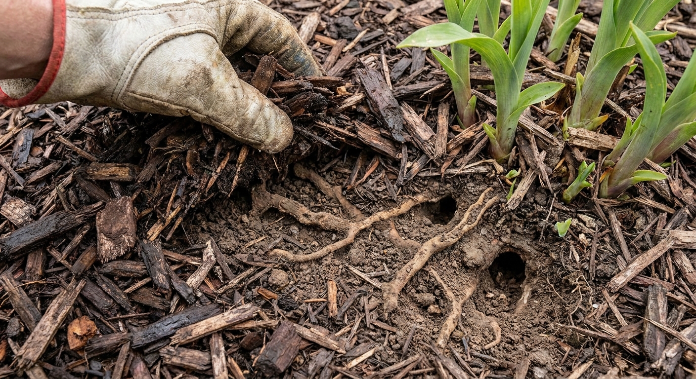 A gardener’s hand pulling back mulch to reveal shallow vole runways and small openings near a perennial crown