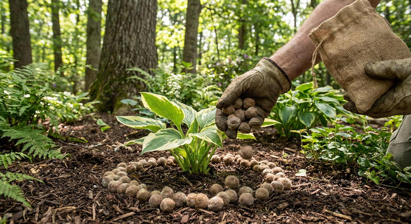 A gardener's hand sprinkling wool pellets in a ring around a small hosta plant in a shady perennial bed