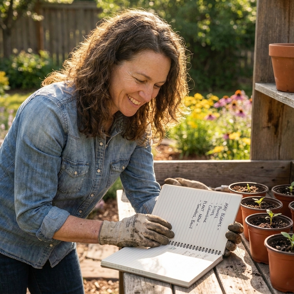 A gardener's hands holding an open notebook with handwritten bloom times and planting notes, resting on a potting bench beside small nursery pots
