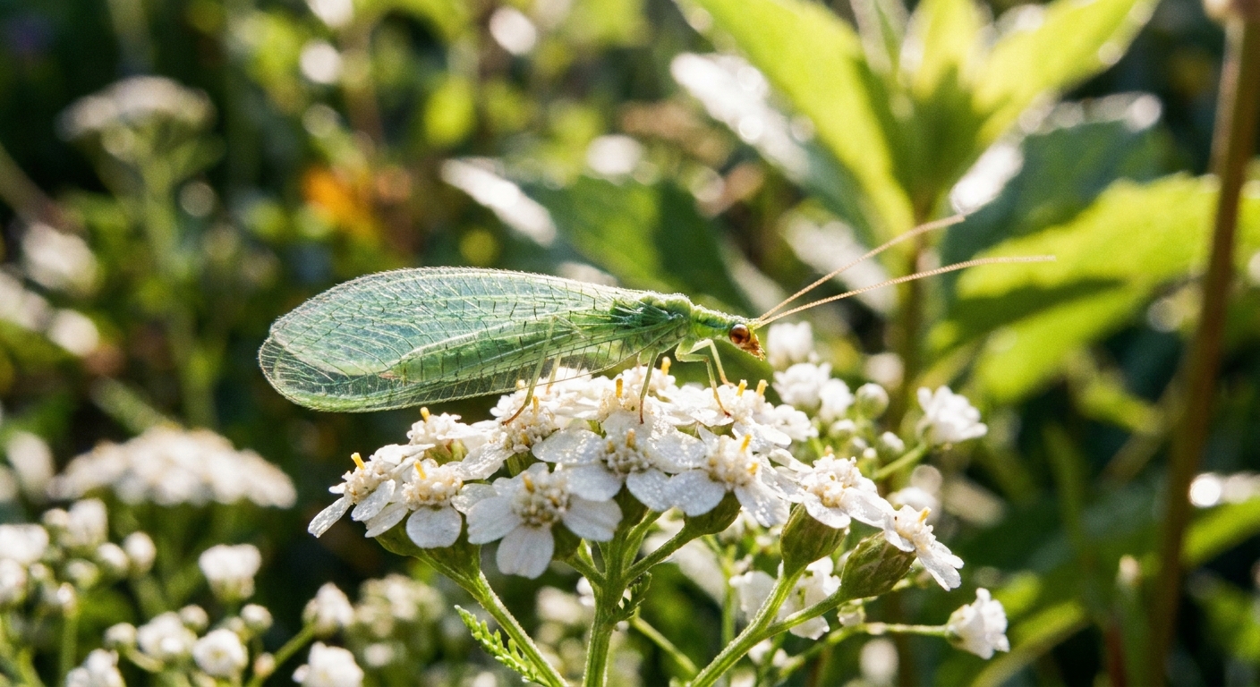 A green lacewing resting on a small cluster of white garden flowers in bright natural sunlight