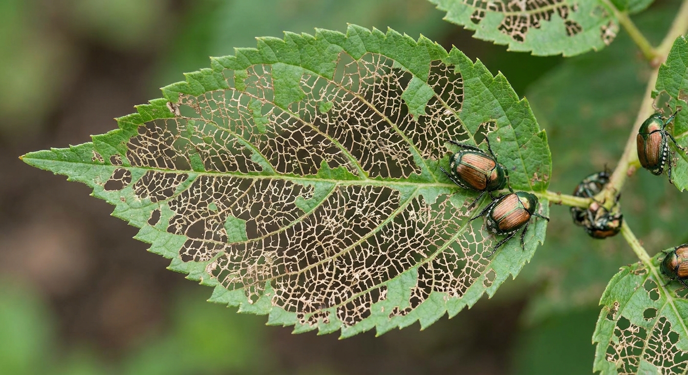 A green leaf with classic skeletonized damage where tissue between the veins has been eaten by Japanese beetles