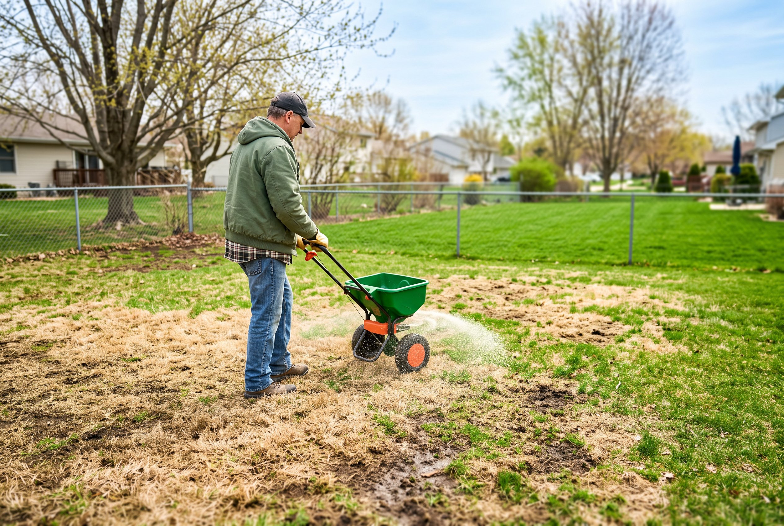 A homeowner applying milky spore granules to a lawn near a perennial garden border