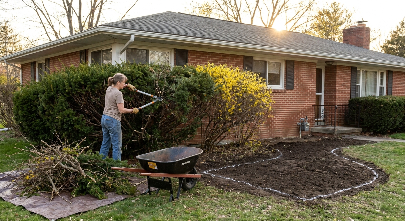 A homeowner cutting back and removing overgrown shrubs along a house foundation to prepare space for a new perennial bed