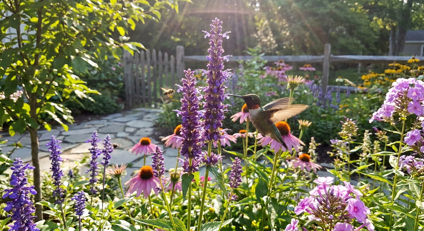 A hummingbird hovering at a tall purple agastache flower spike in a bright summer perennial garden