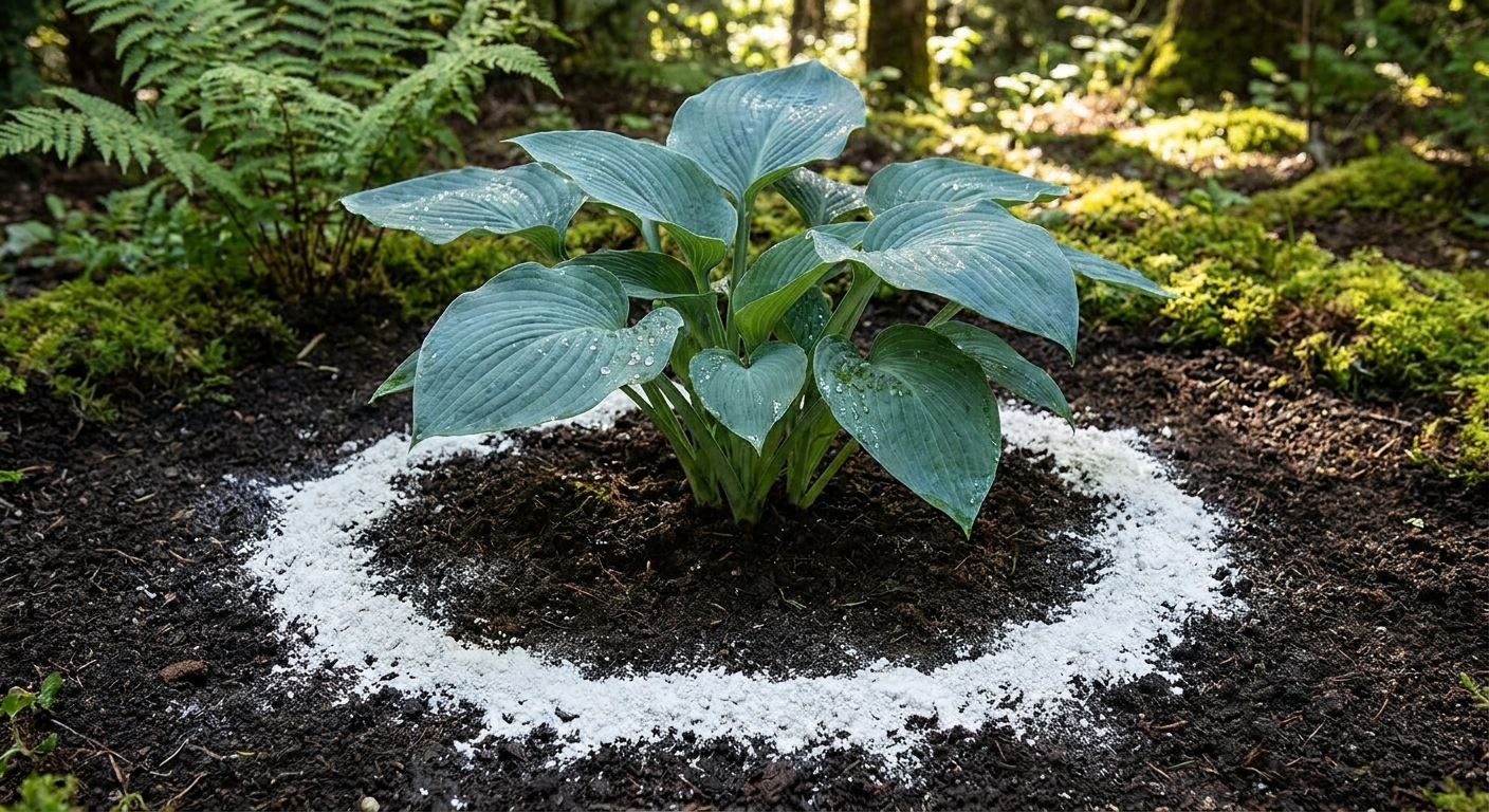A light dusting of diatomaceous earth applied in a neat circle on soil around a hosta plant in a shaded bed