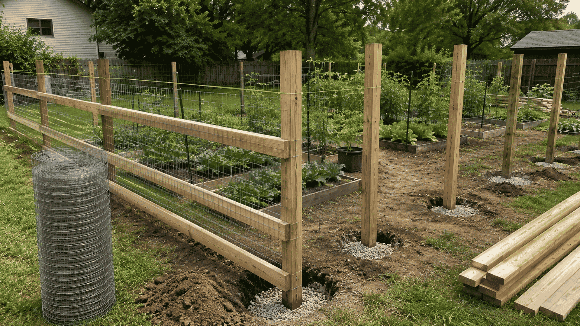 A low hardware cloth fence staked along the edge of a mulched perennial bed, with the mesh partially buried to prevent rabbits from slipping under