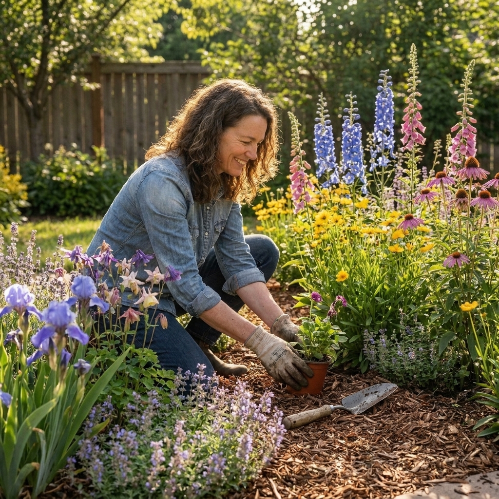 A lush perennial flower border with layered heights, featuring early season blooms near the front and taller summer flowers rising behind along a garden path