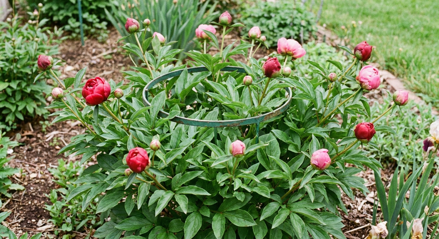 A mature peony plant in bud with a green grow-through ring support hidden beneath the foliage, only the top of the ring faintly visible