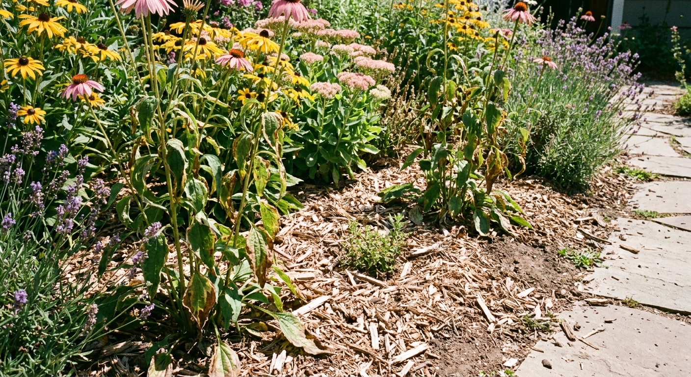 A photograph of a sunny perennial flower border in mid-summer with some foliage showing mild drought stress, mulch visible at the base of plants