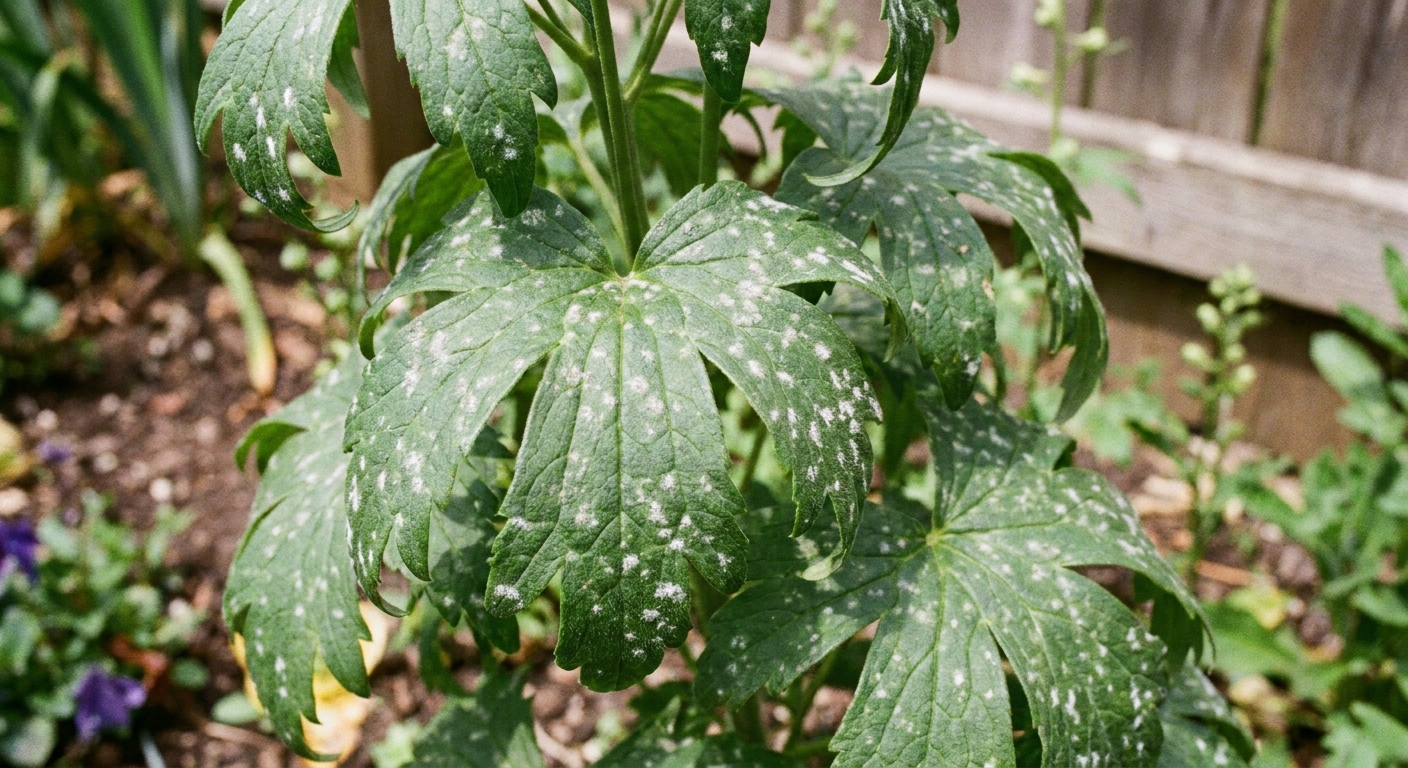 A real garden photograph of delphinium leaves showing early powdery mildew patches as scattered white spots across green foliage