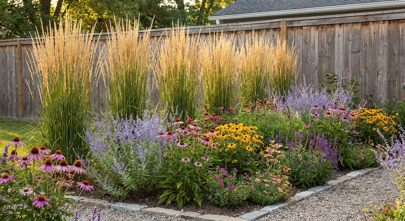 A residential garden bed with feather reed grass forming tall vertical clumps behind flowering perennials along a fence