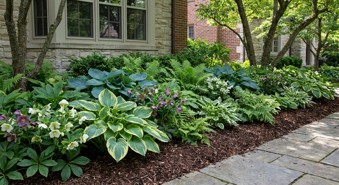 A shaded foundation planting with layered hostas, hellebores, and ferns under a front window, edged neatly with mulch