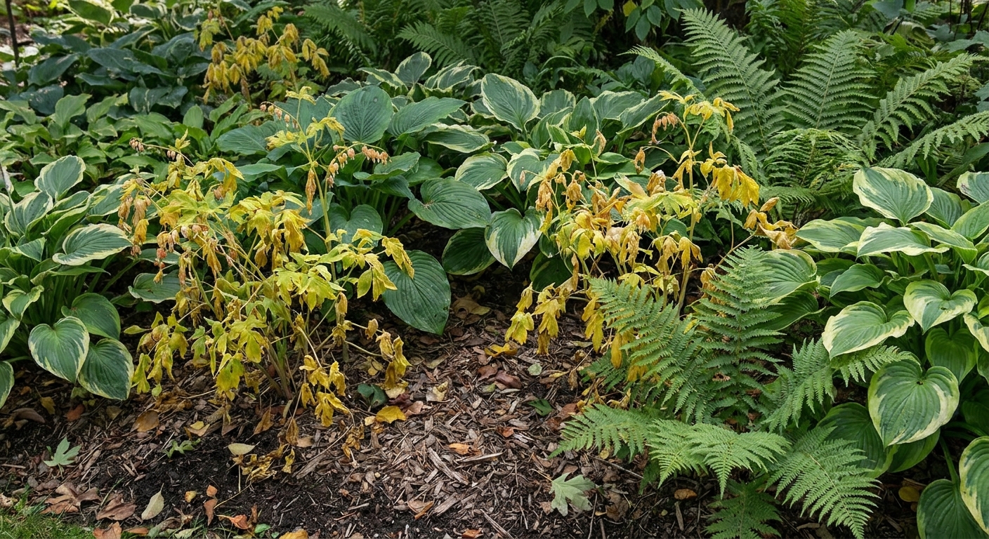 A shady garden bed where bleeding heart foliage has died back, with hostas and ferns filling in around the empty space