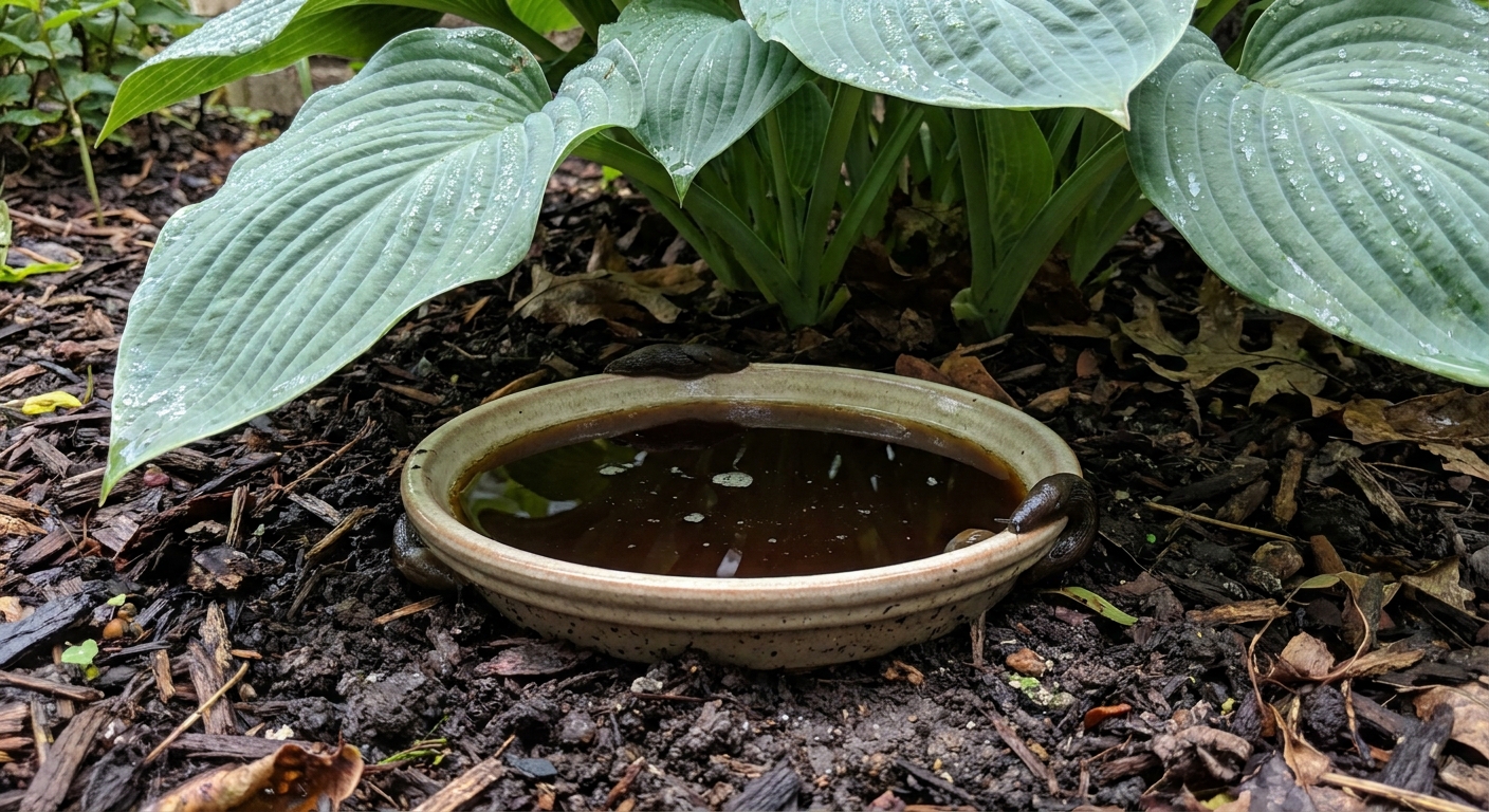 A shallow container partially buried in garden soil and filled with beer, set beside hosta leaves in a damp shade bed to trap slugs