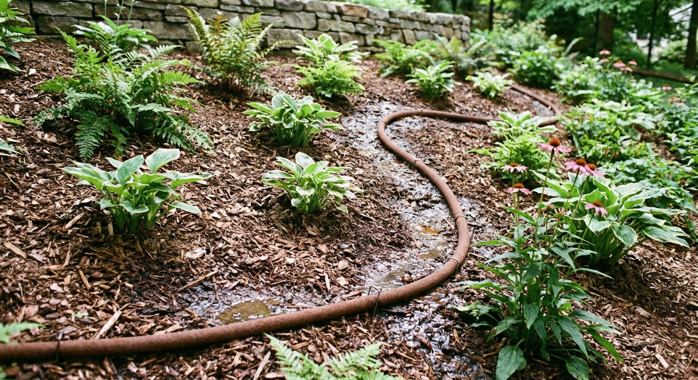 A soaker hose pinned in a gentle curve along the contour of a sloped perennial garden bed, watering slowly into mulched planting pockets