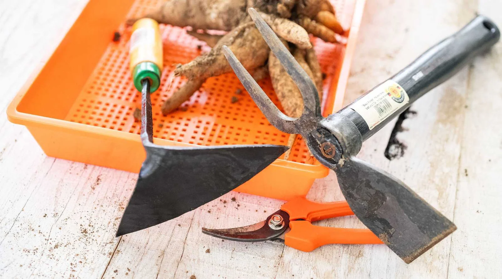 A spade, garden fork, hori hori knife, and pruning shears laid on a wooden potting bench beside a bucket