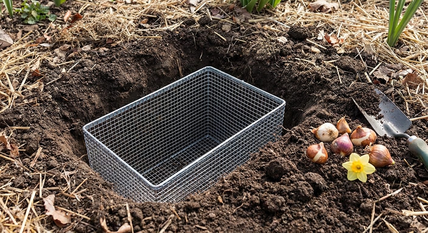 A sturdy 1/4-inch hardware cloth basket set into a planting hole in a garden bed, ready for bulbs and backfill