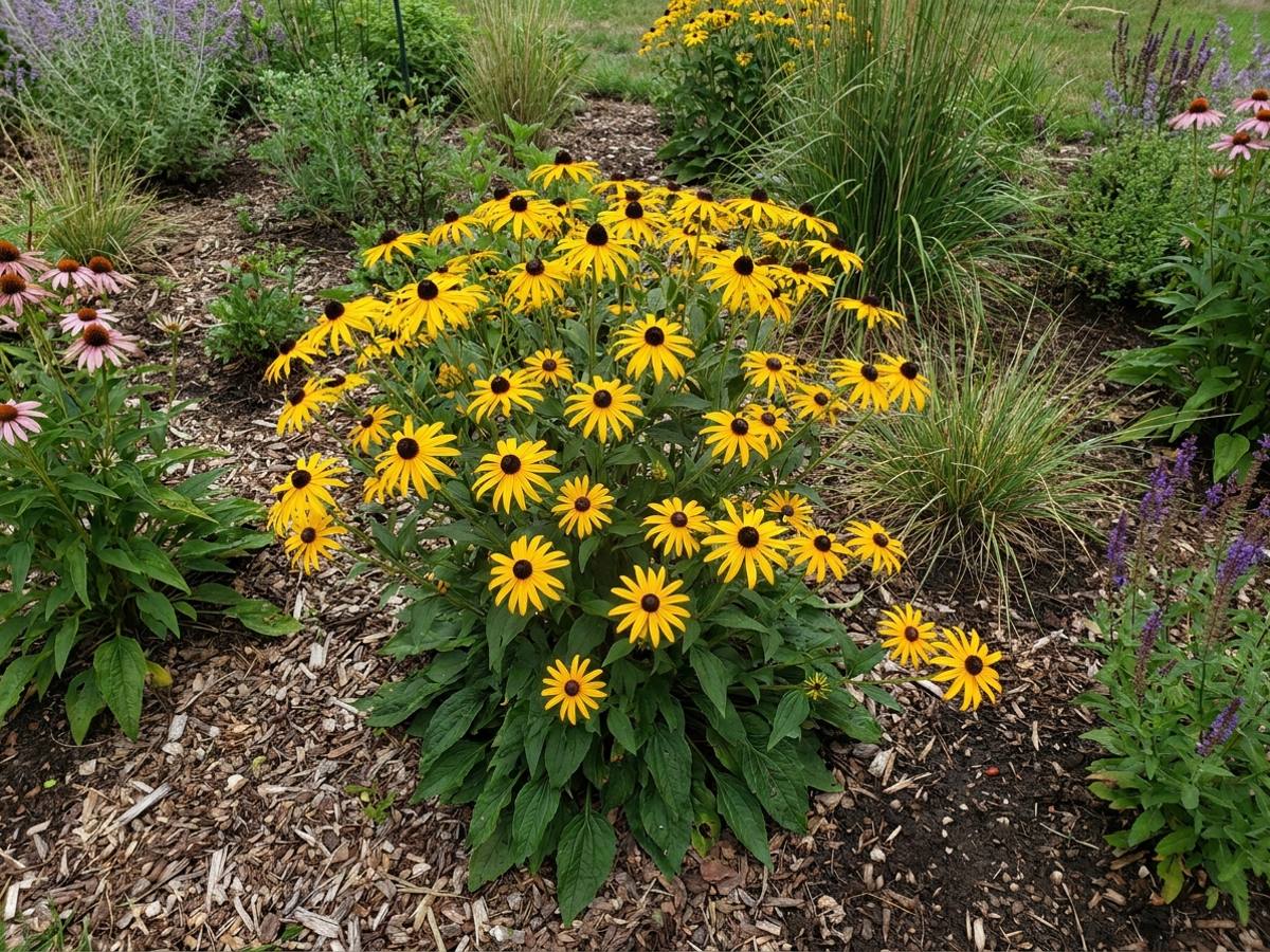 A sunny perennial border with clumps of black-eyed Susans spaced with visible air gaps between plants, mixed with grasses and purple coneflowers