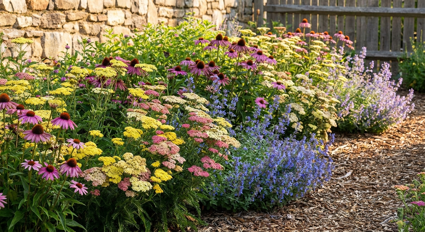 A sunny perennial flower border with yarrow, coneflowers, and catmint growing in dense clumps alongside a mulched path