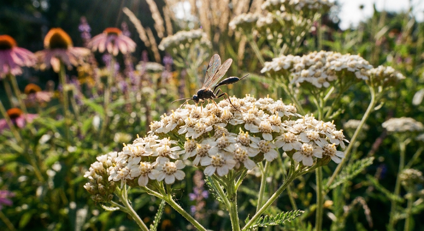 A tiny parasitic wasp perched on a flat-topped yarrow flower cluster in a sunny perennial border