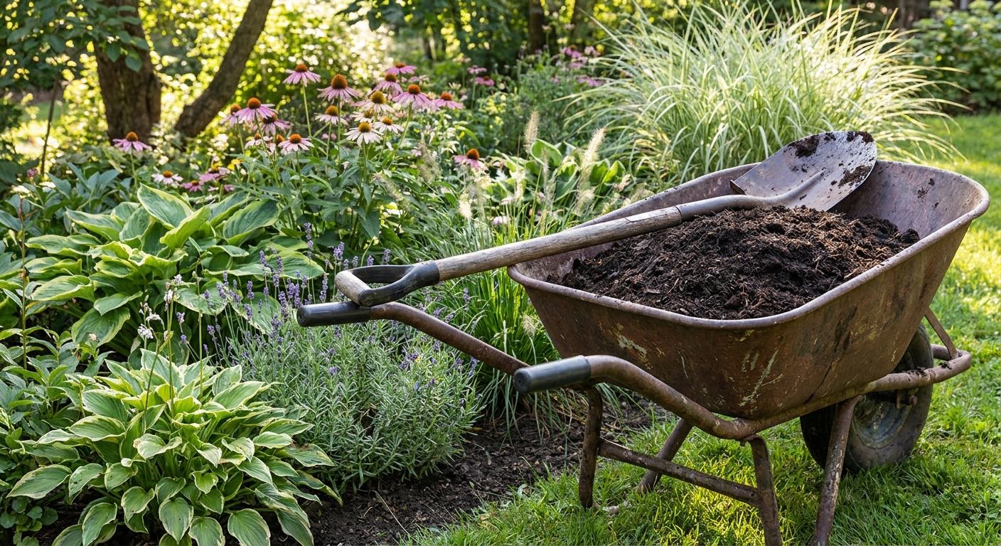 A wheelbarrow filled with dark finished compost parked beside a perennial garden bed, with a shovel resting on the rim