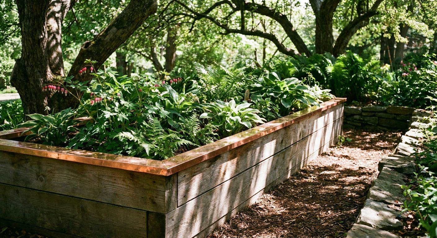 A wooden raised garden bed in dappled shade with a bright copper tape strip applied along the top edge to deter slugs, with leafy perennials growing inside
