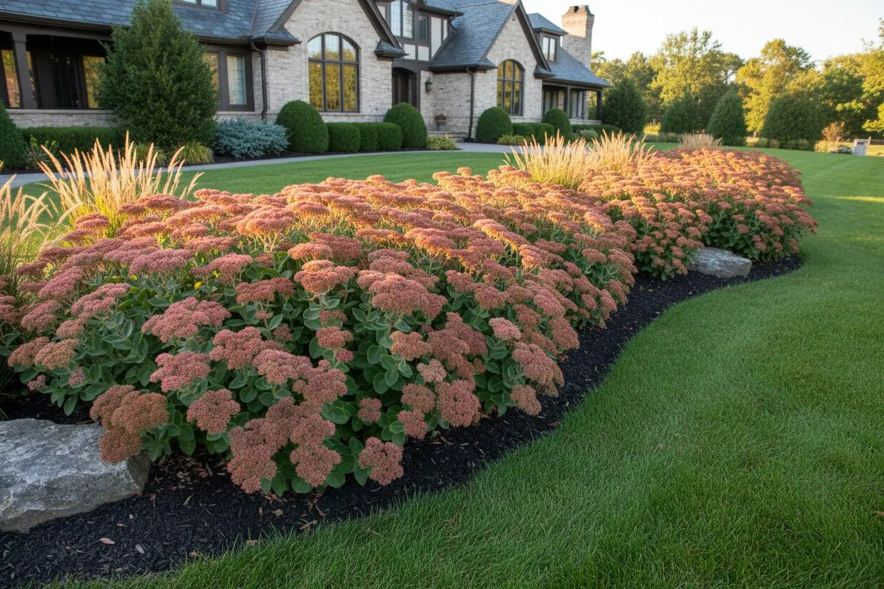 Autumn Joy sedum flower heads in early fall, with mature clusters shifting from pink to copper-red tones