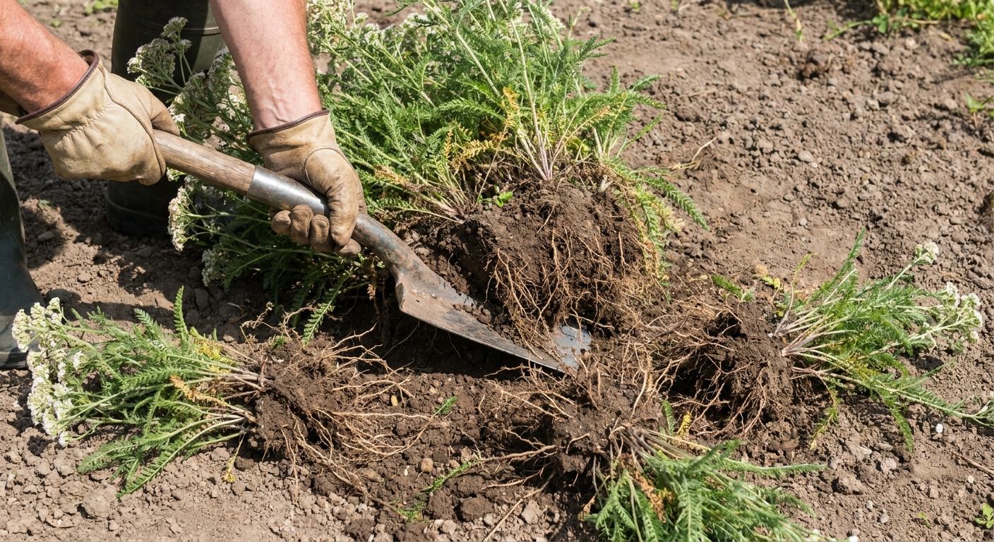 Gardener’s hands using a spade to split a yarrow clump on bare soil, with divided sections and roots visible