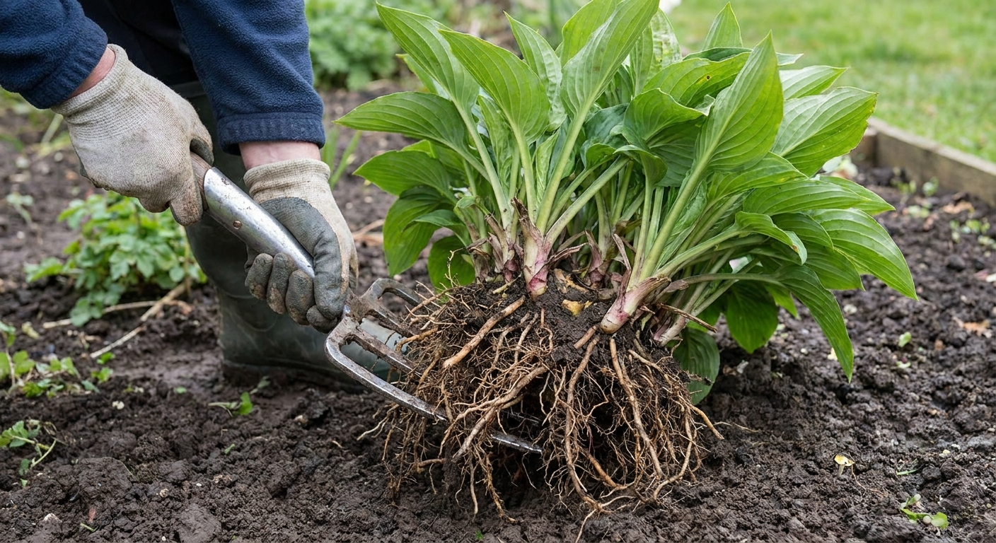 Hands lifting a perennial clump with a garden fork, exposing the crown and roots above the soil for inspection