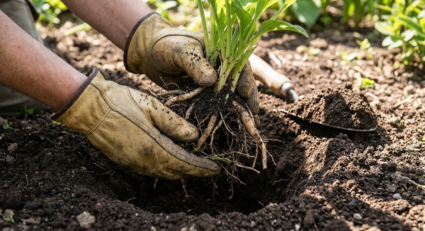 Hands placing a freshly divided perennial section into a prepared garden hole with loose soil around the roots