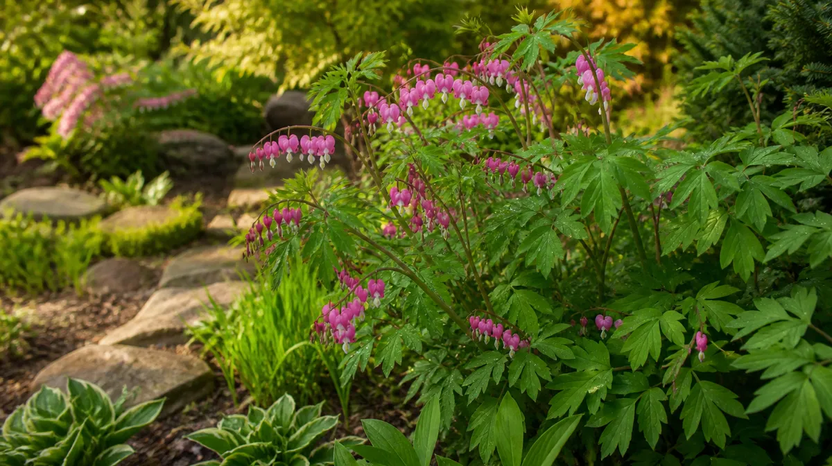 Hands planting a bleeding heart perennial into a compost-amended shady garden bed with leaf mulch nearby