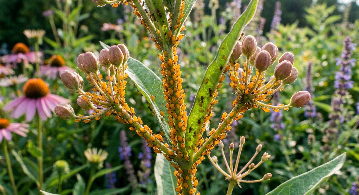Orange aphids clustered on a milkweed stem and flower buds in a sunny perennial garden